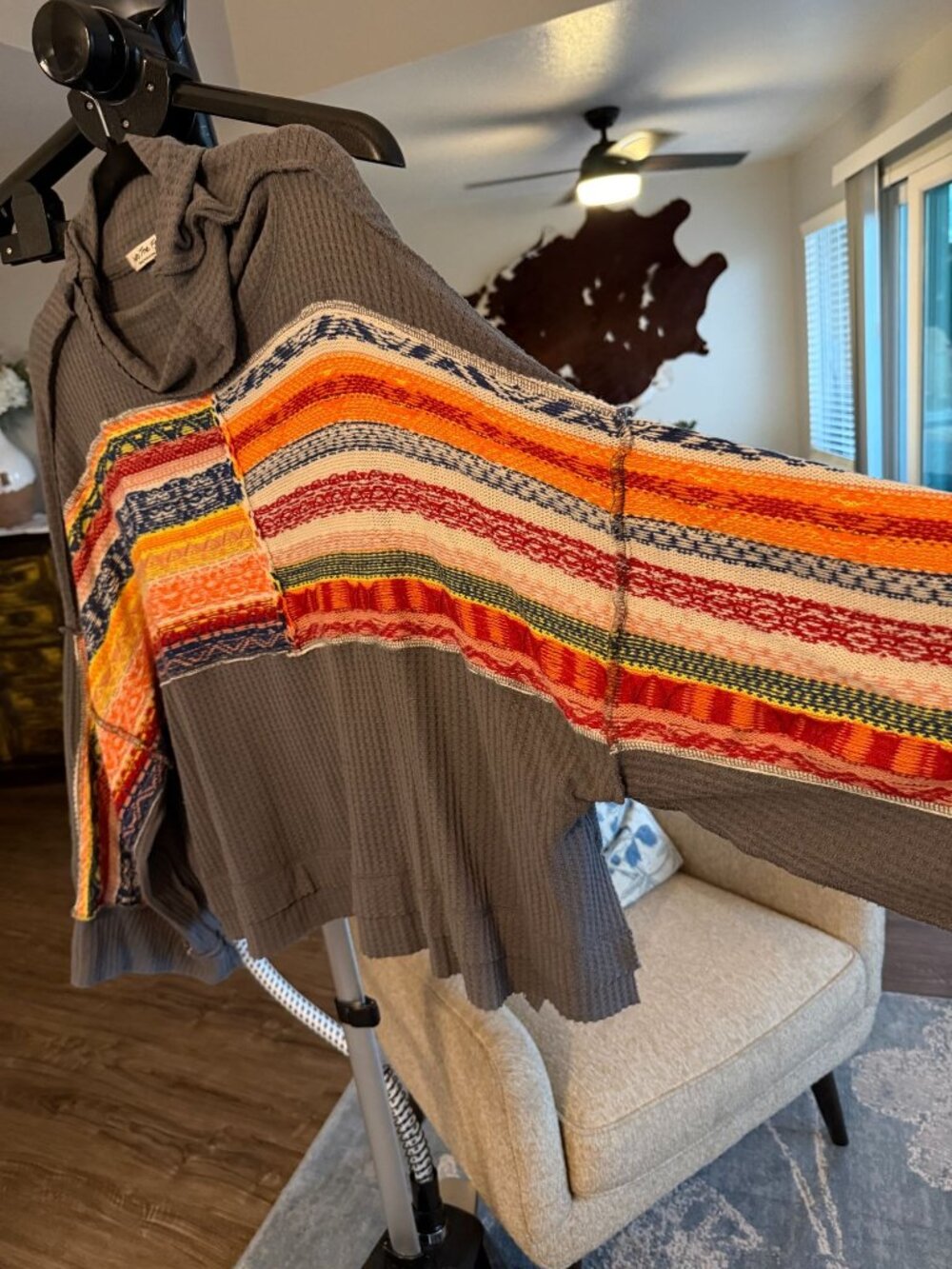 We The Free Free People Oversized Waffle Hoodie Multicolor Jacquard Grey S - Picture 3 of 8